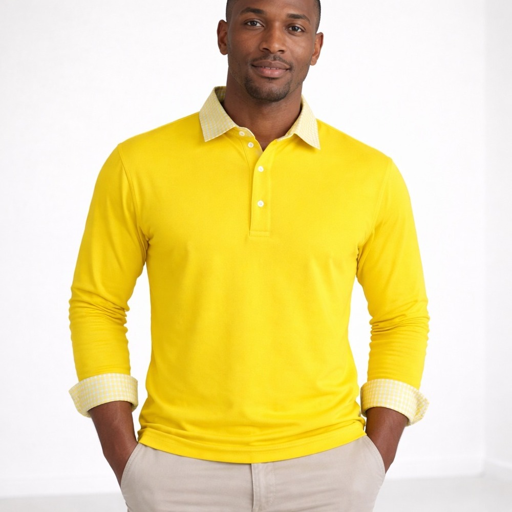 Alial Fital Polo Shirt XL Yellow Long Sleeve Stretch Gingham Collar & Cuffs USA